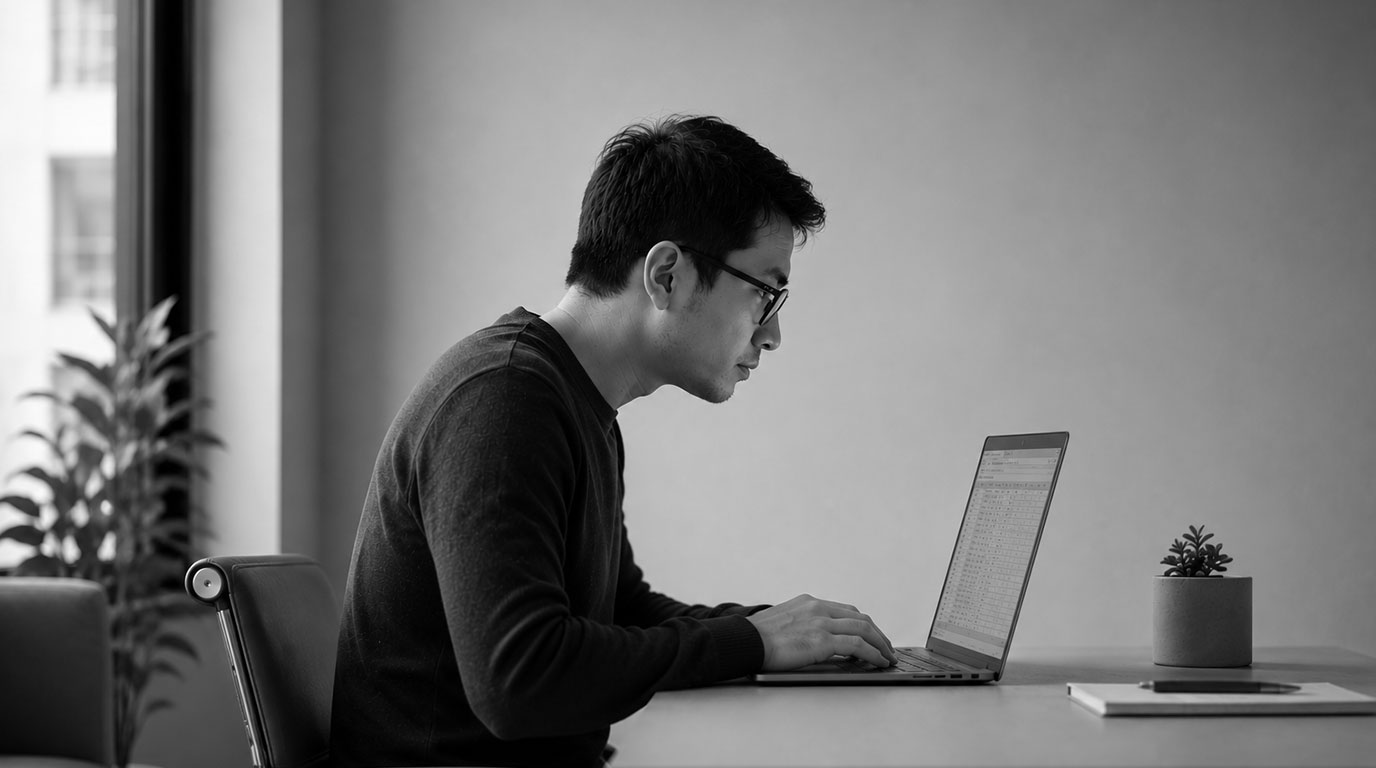 Profil samping orang dewasa bekerja dengan layar laptop dalam jarak sangat dekat ke wajah