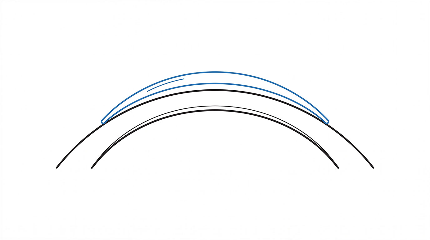 Diagram ilustrasi kornea mata dengan softlens menunjukkan sedikit perubahan kelengkungan