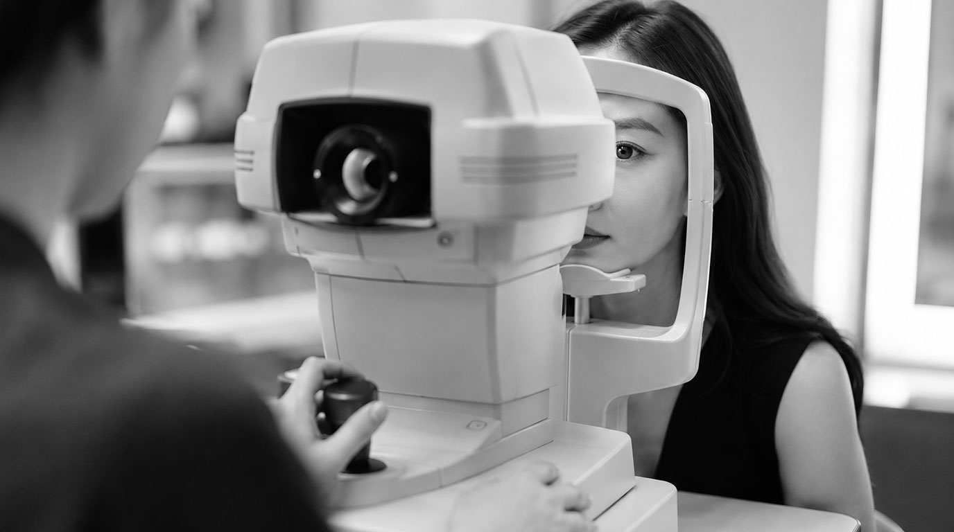 Optisien melakukan pengukuran kelengkungan kornea dengan alat keratometer