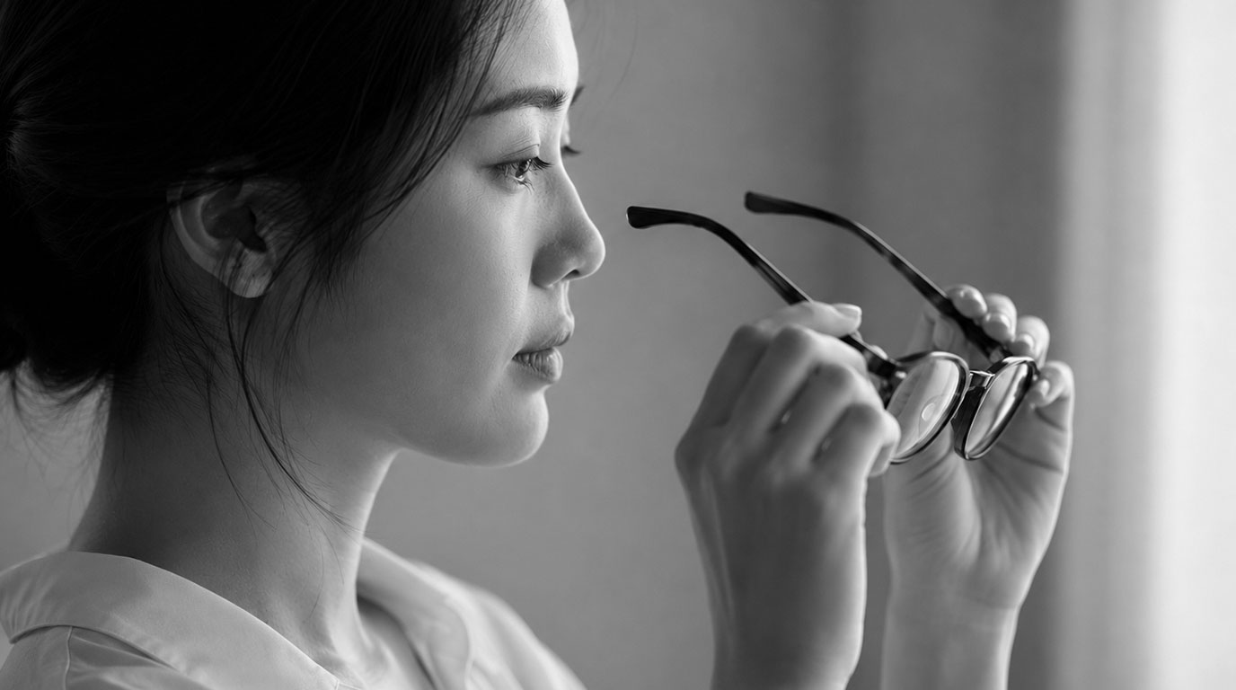 Seseorang beralih dari softlens ke kacamata, dilihat dari samping