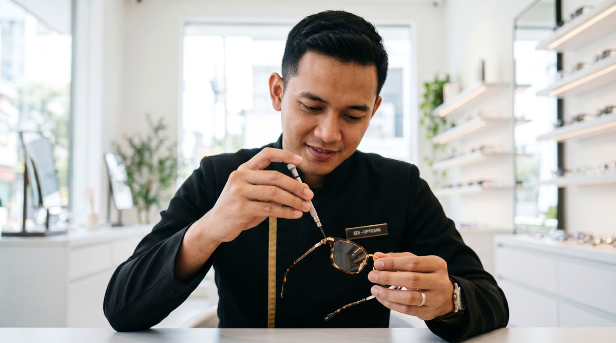 Optisien mengencangkan frame kacamata dengan alat presisi