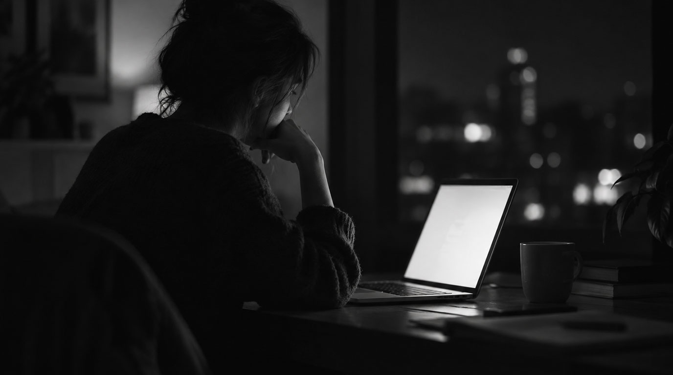 Orang bekerja di depan laptop pada malam hari