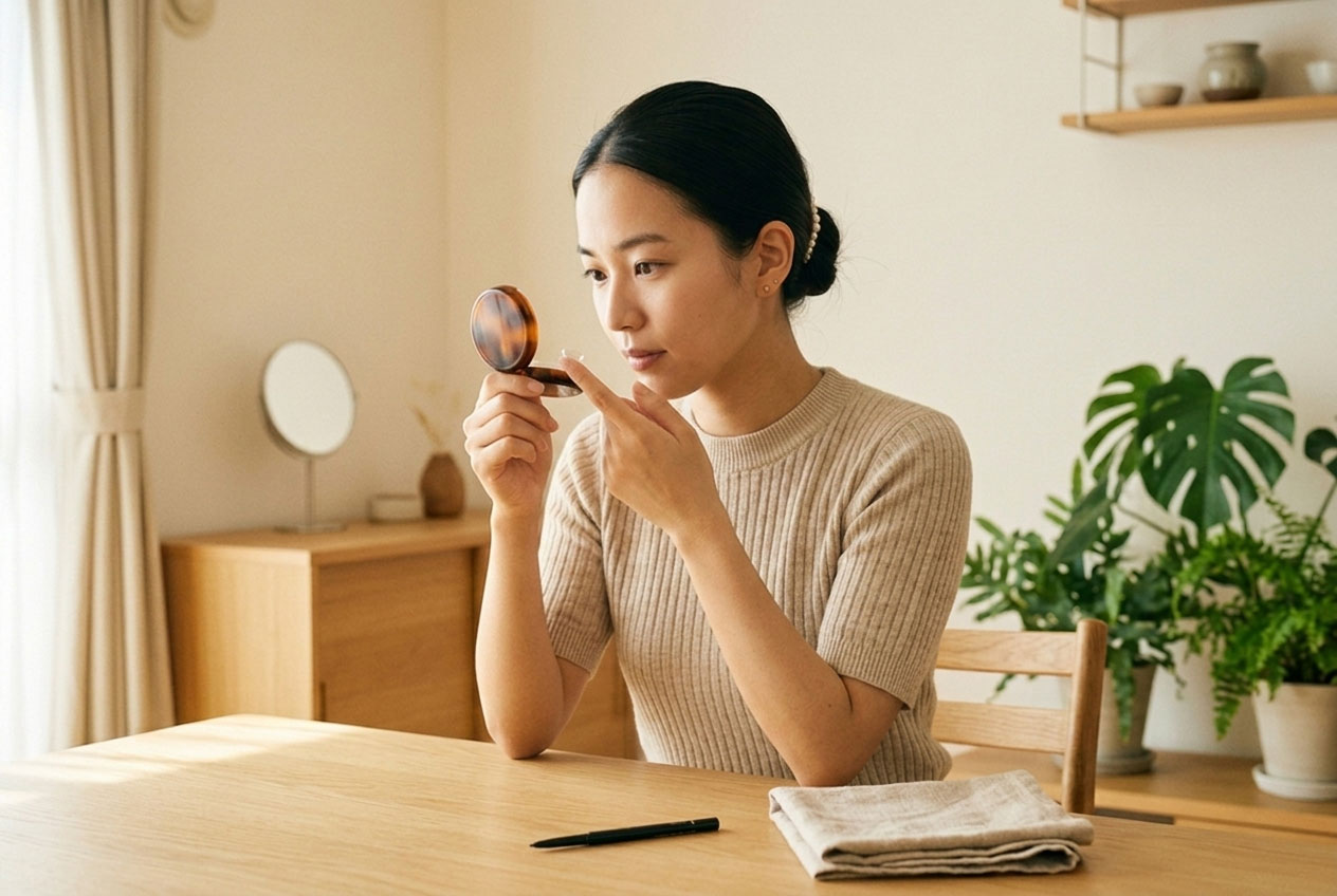 Perempuan memegang cermin kecil dan softlens di ujung jari sebelum mulai merias wajah