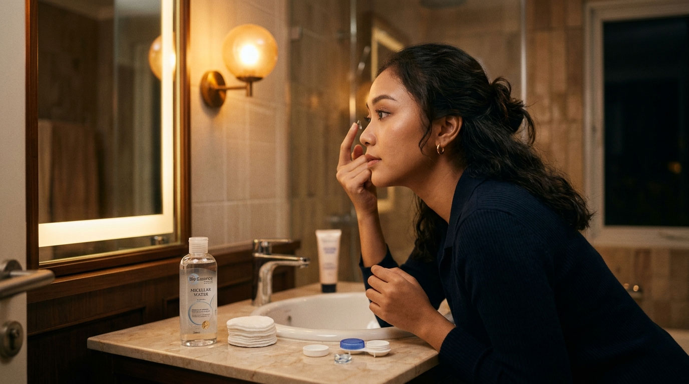 Perempuan melepas softlens di malam hari sebelum membersihkan riasan wajah