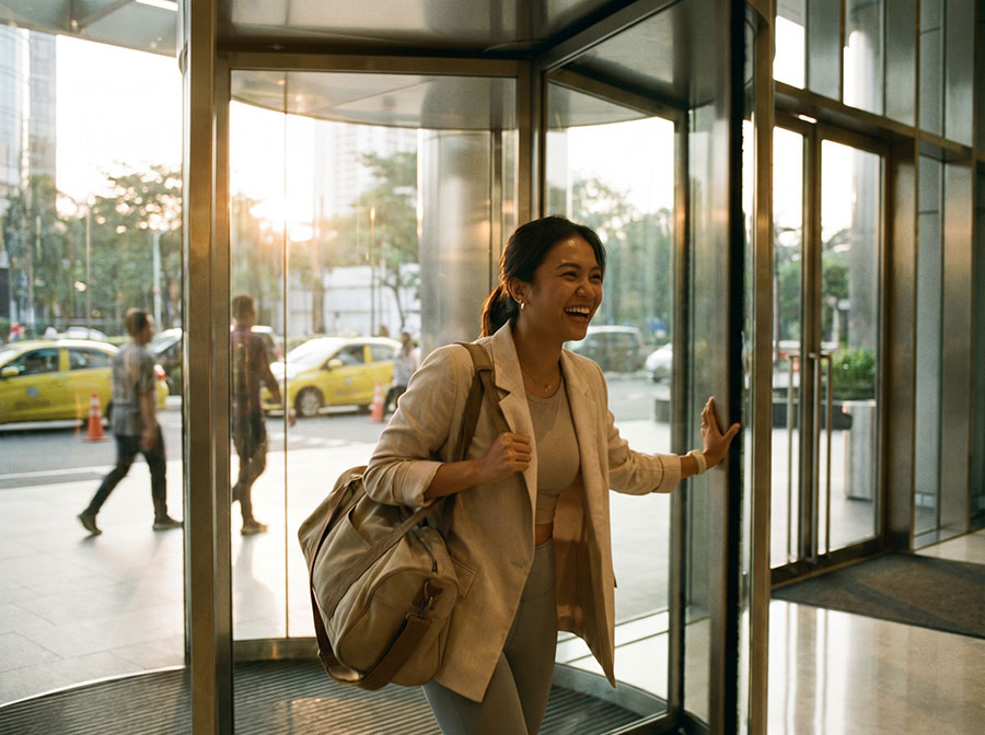Active woman leaving Jakarta office