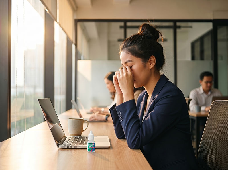Woman at office desk with Systane Ultra